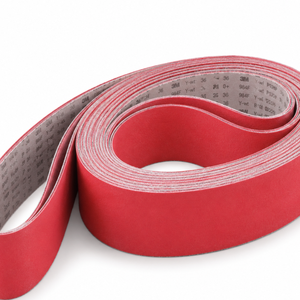 A coiled red sanding belt with a textured abrasive surface shown on a clean white background.